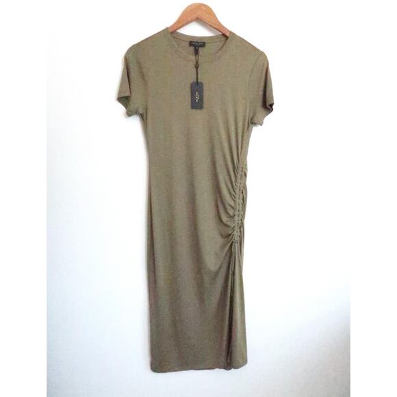 RAG & BONE Ina Ruched Midi Jersey T-Shirt Dress Light Olive Shopbop S NWT $325 - Picture 3 of 13